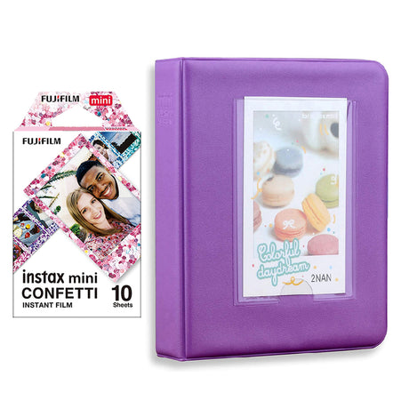 Fujifilm Instax Mini 10X1 confetti Instant Film with Instax Time Photo Album 64 Sheets Violet Purple