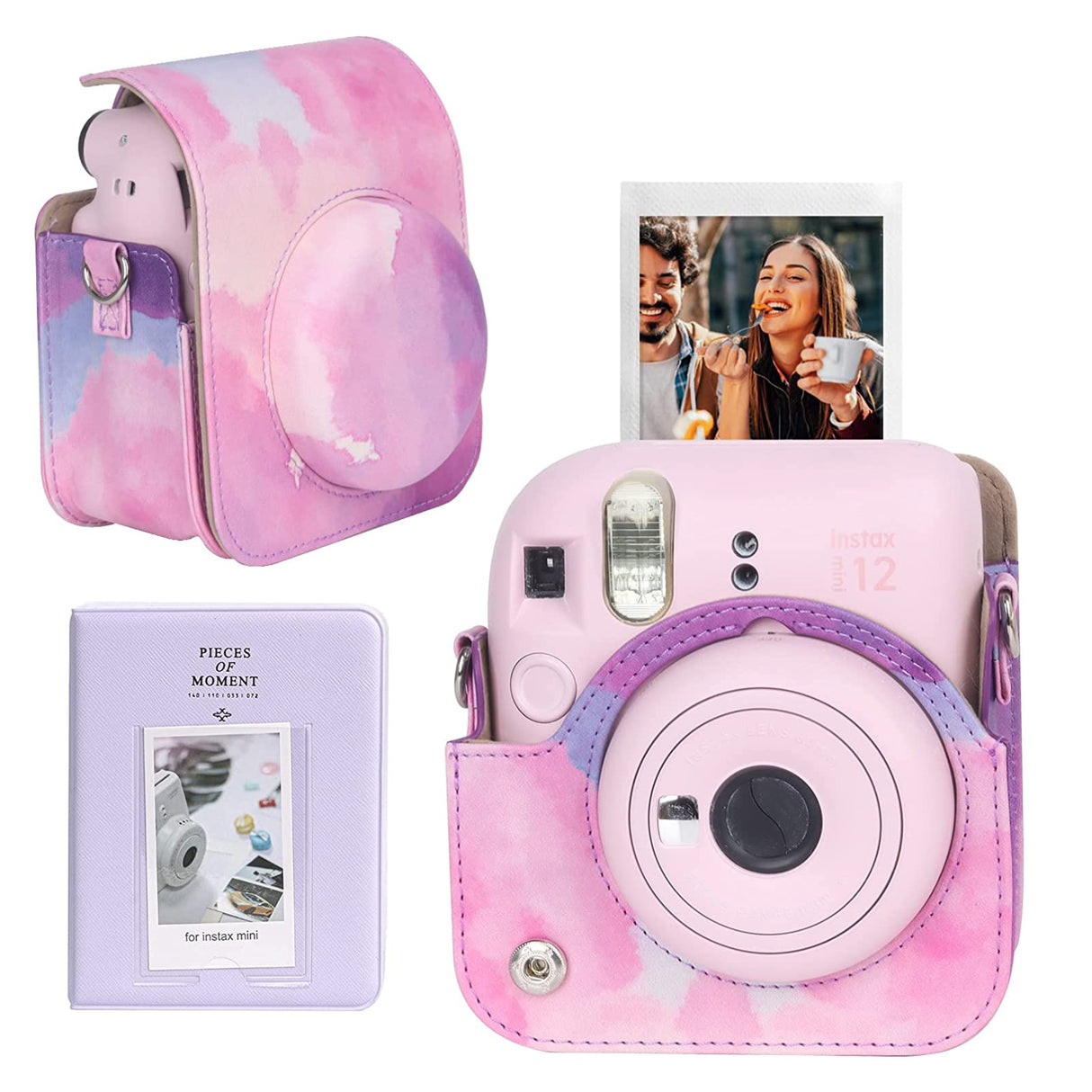 Zikkon Instax Mini 12 Protective Camera Case PU Leather Carrying Bag with 64 Pockets Photo Album Pink Cloud