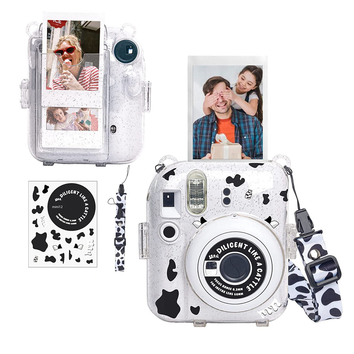 Zikkon Instax Mini 12 Protective Glitter Case Photo Storage Pocket with Shoulder Straps + Stickers set Clay White