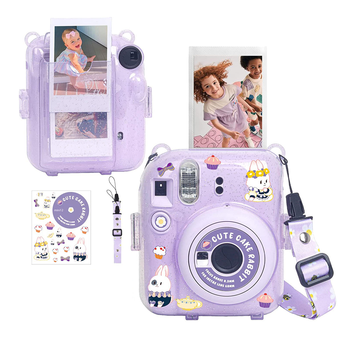 Zikkon Instax Mini 12 Protective Glitter Case Photo Storage Pocket with Shoulder Straps + Stickers set Lilac Purple