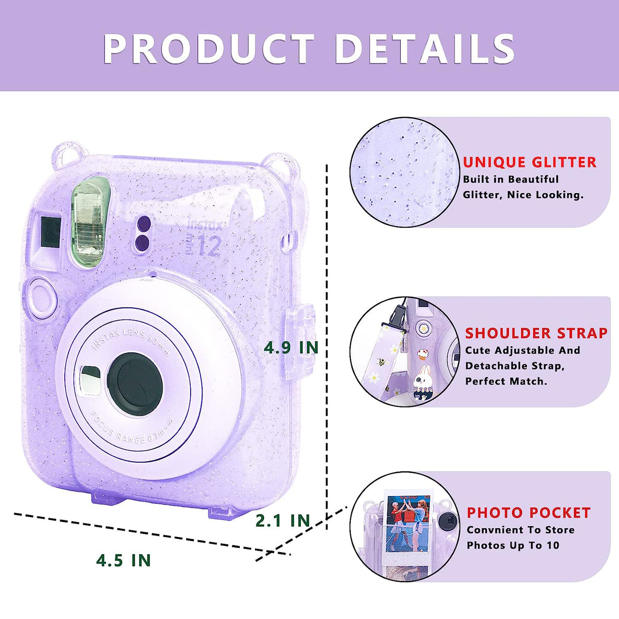 Zikkon Instax Mini 12 Protective Glitter Case Photo Storage Pocket (Lilac Purple)