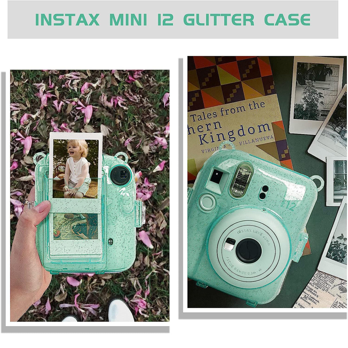 Zikkon Instax Mini 12 Protective Glitter Case Photo Storage Pocket with Shoulder Straps + Stickers set