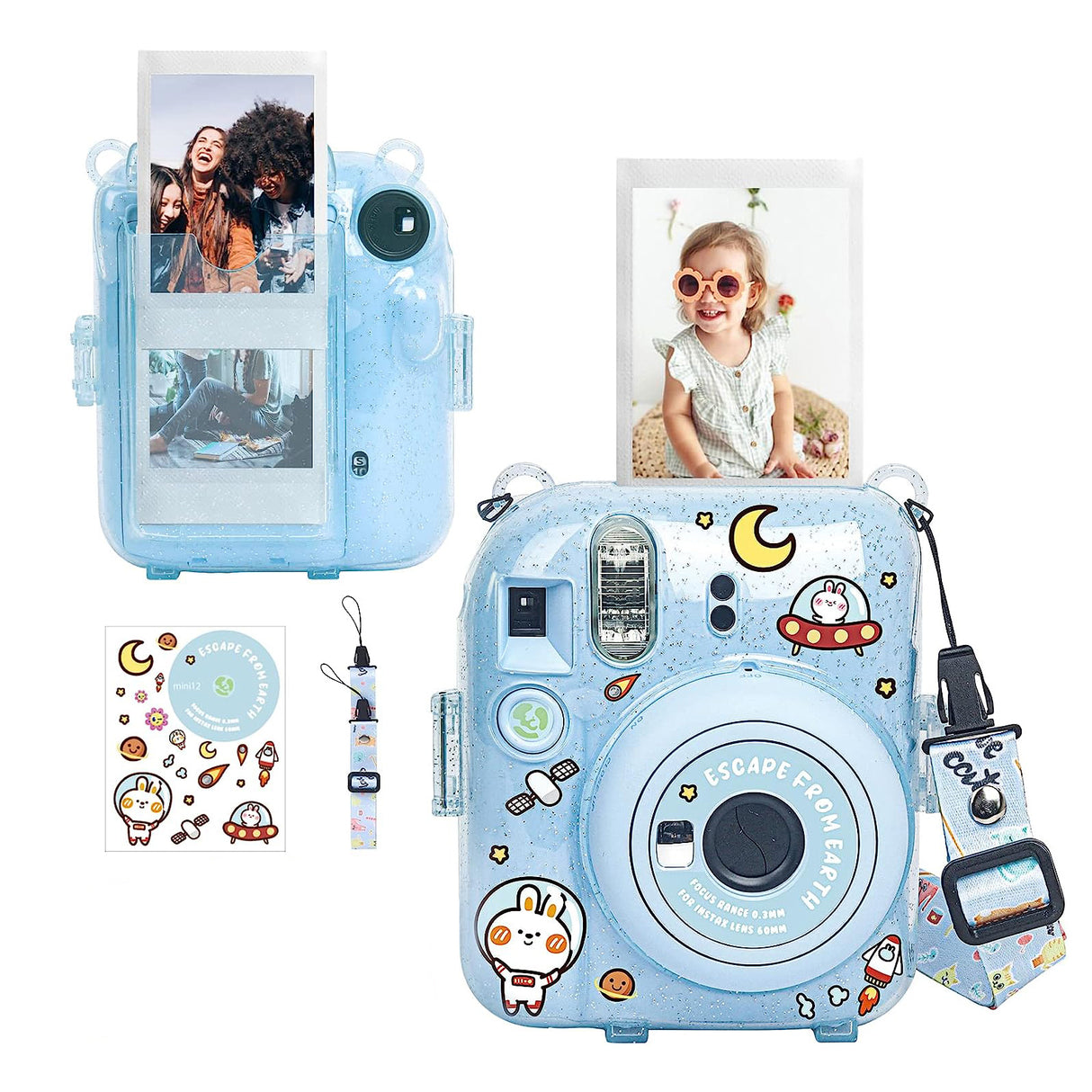 Zikkon Instax Mini 12 Protective Glitter Case Photo Storage Pocket with Shoulder Straps + Stickers set Pastel Blue