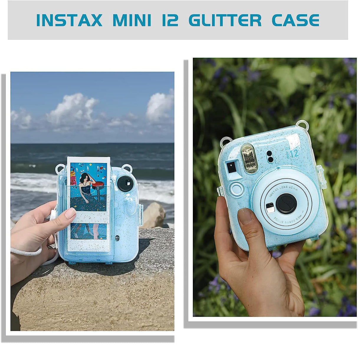 Zikkon Instax Mini 12 Protective Glitter Case Photo Storage Pocket (Pastel Blue)