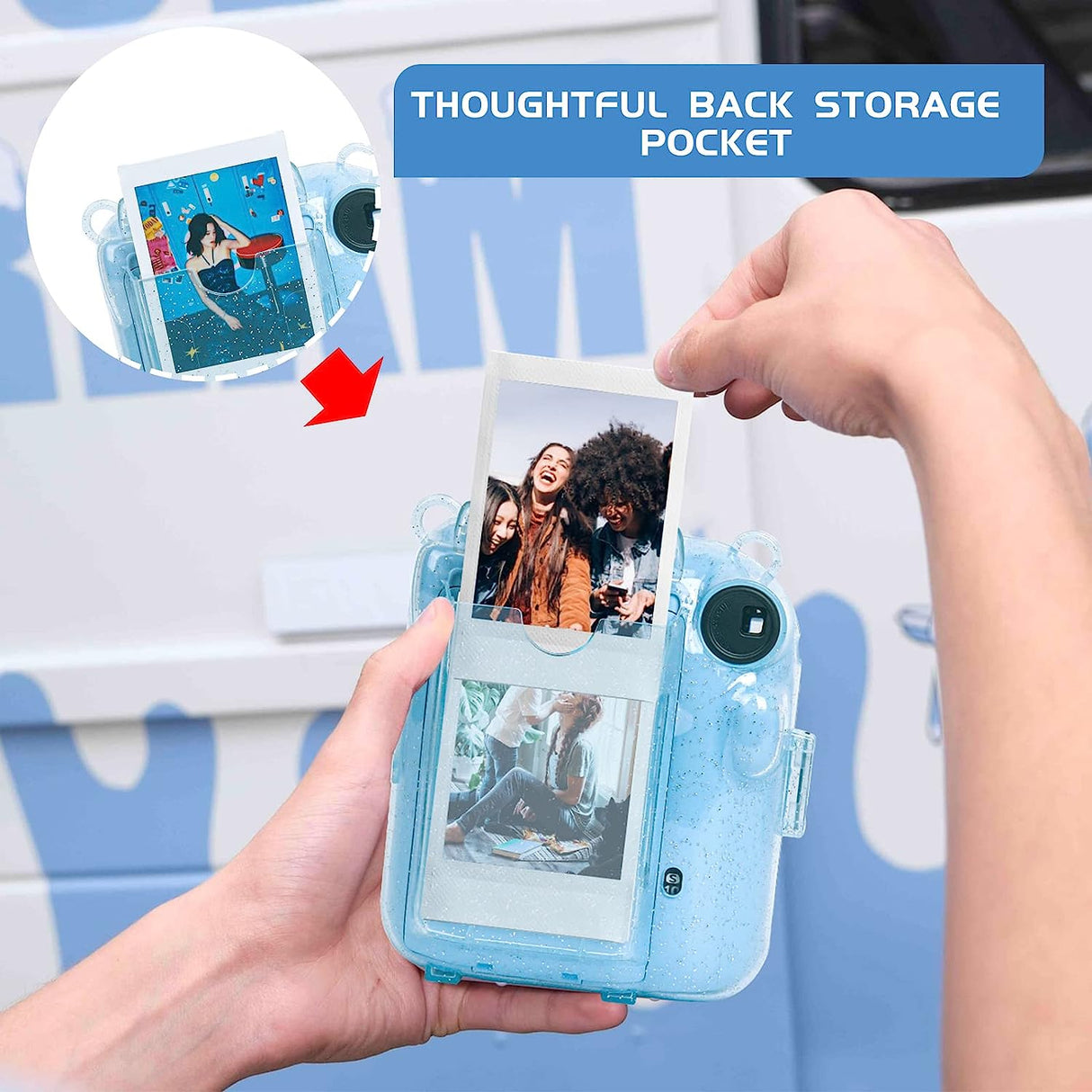 Zikkon Instax Mini 12 Protective Glitter Case Photo Storage Pocket (Pastel Blue)