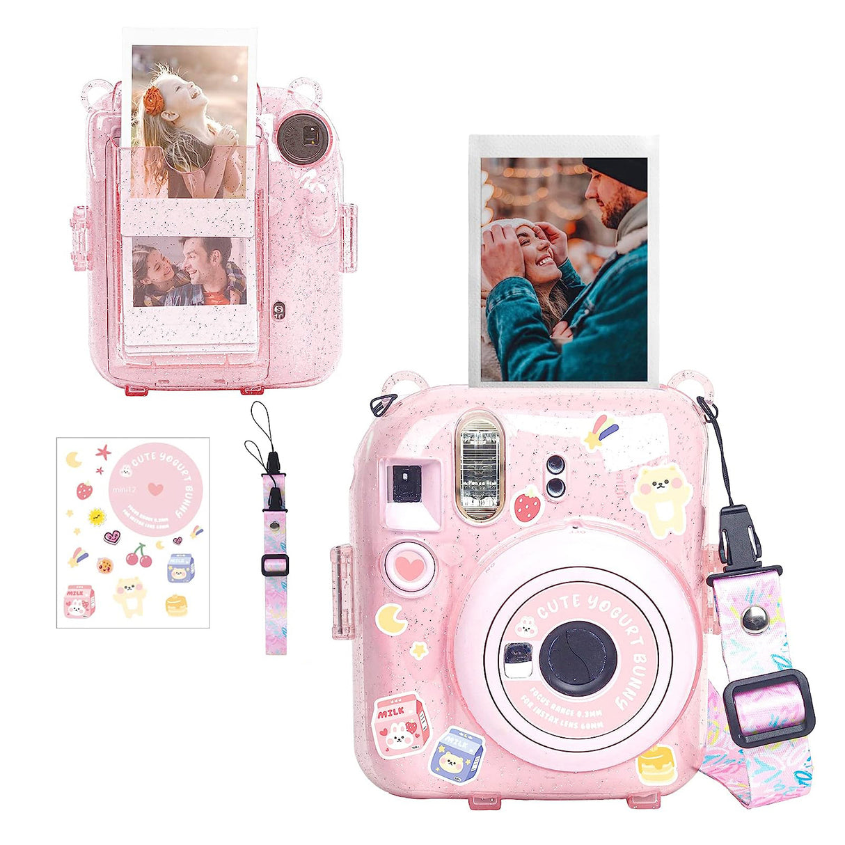 Zikkon Instax Mini 12 Protective Glitter Case Photo Storage Pocket with Shoulder Straps + Stickers set Blossom Pink