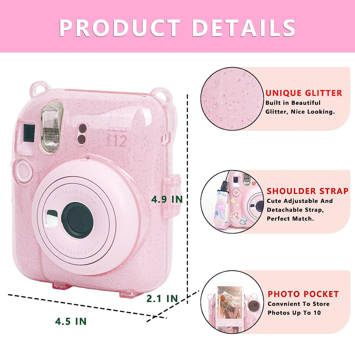 Zikkon Instax Mini 12 Protective Glitter Case Photo Storage Pocket (Blossom Pink)