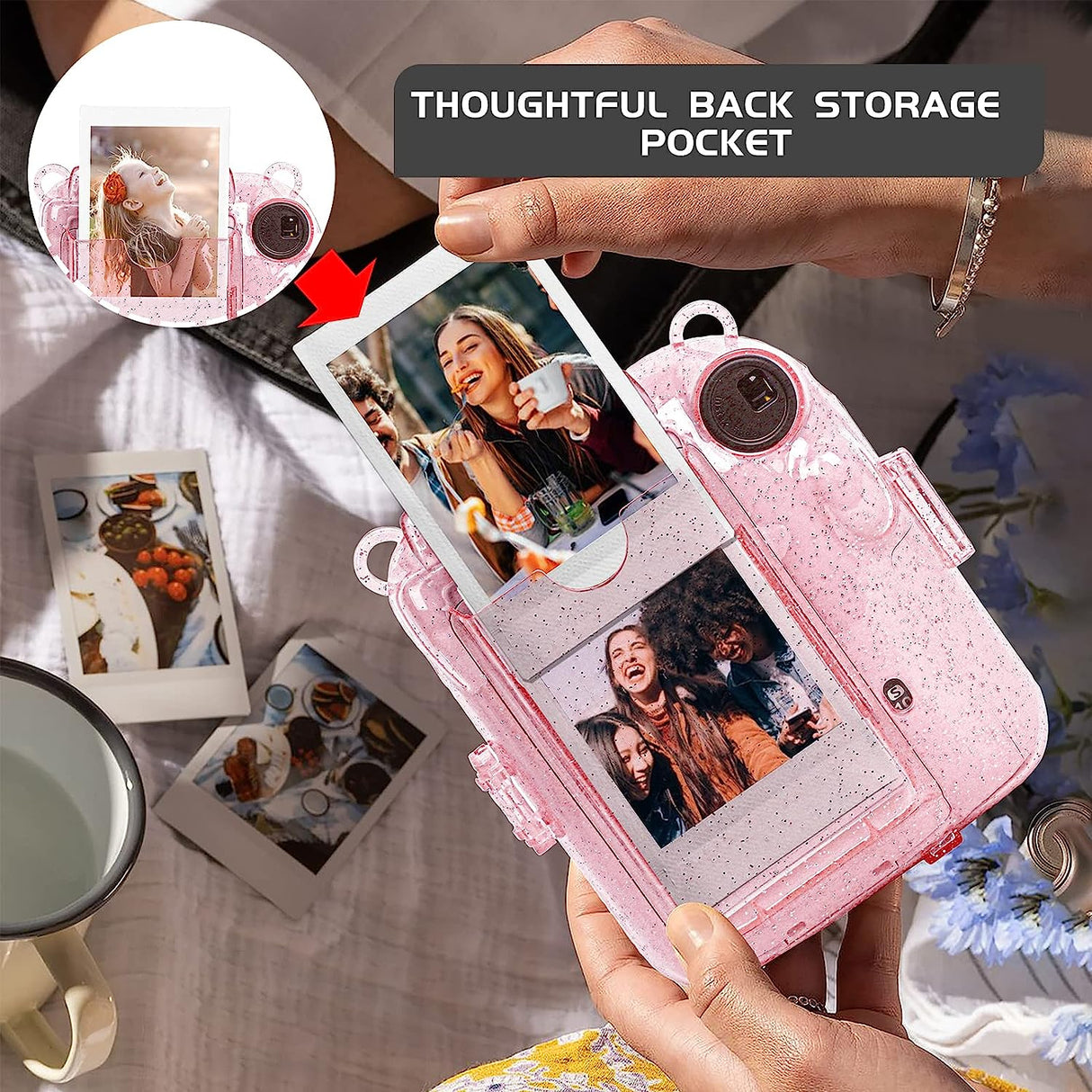 Zikkon Instax Mini 12 Protective Glitter Case Photo Storage Pocket (Blossom Pink)