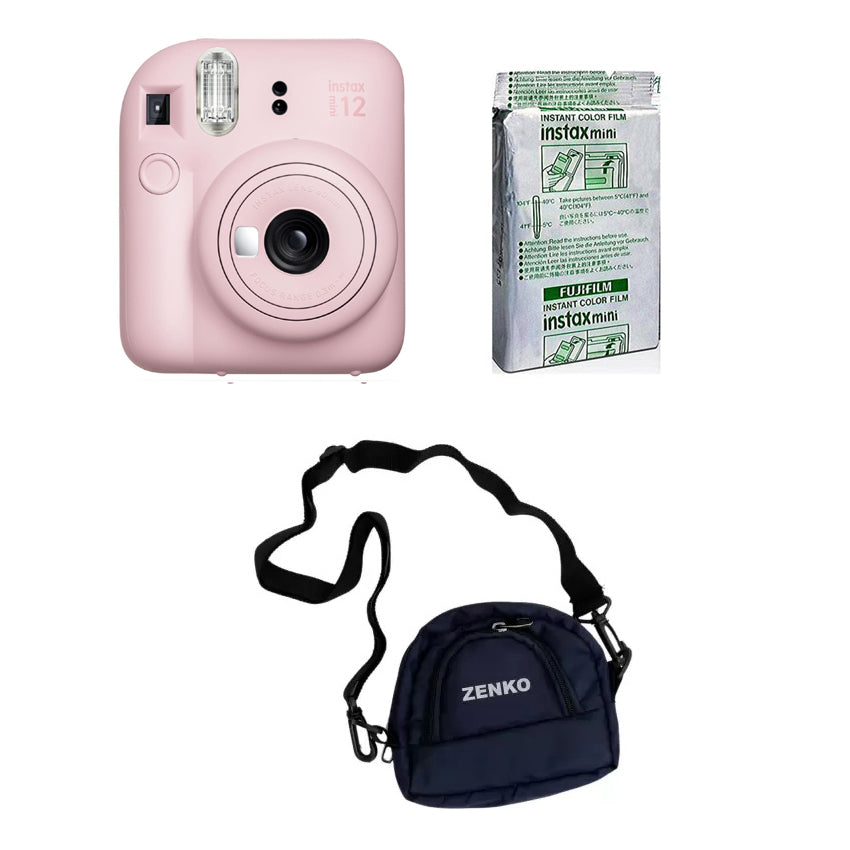 FUJIFILM INSTAX Mini 12 Instant Film Camera with 10X1 Pack of Instant Film With Blue Pouch Kit (Blossom Pink, 10 Exposures)