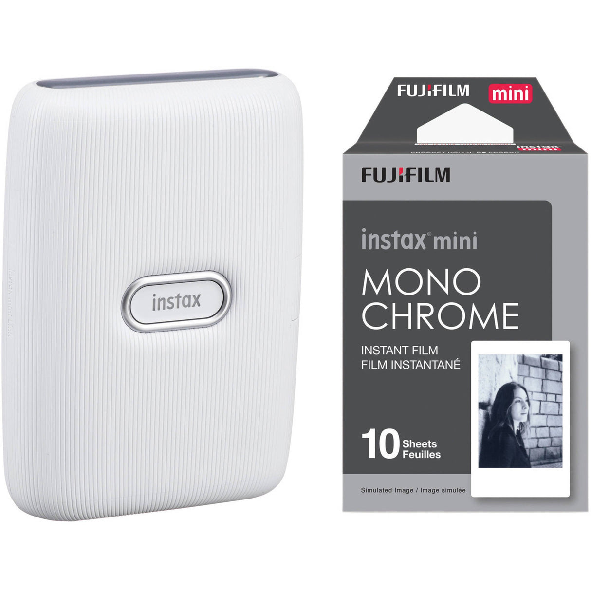 FUJIFILM INSTAX Mini Link Smartphone Printer (Ash White) with Instant Film (10 Monochrome Exposures)