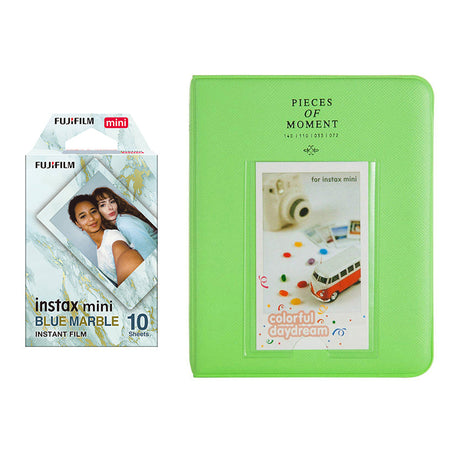 Fujifilm Instax Mini 10X1 blue marble Instant Film with Instax Time Photo Album 64 Sheets Lime green