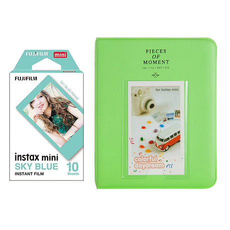 Fujifilm Instax Mini 10X1 sky blue Instant Film with Instax Time Photo Album 64 Sheets Lime green