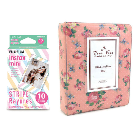 Fujifilm Instax Mini 10X1 stripe Instant Film with Instax Time Photo Album 64 Sheets (Beautiful flower)