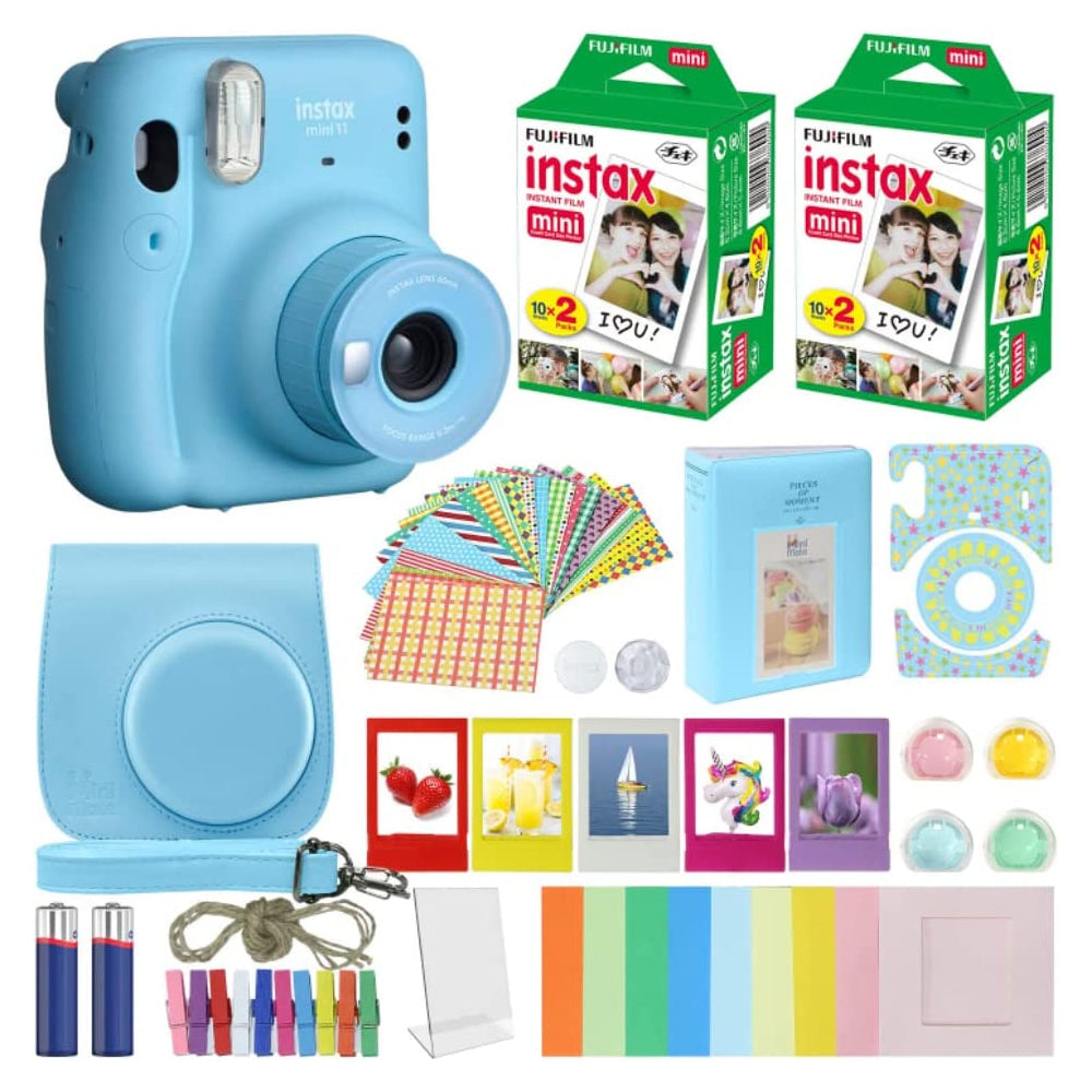 Fujifilm Instax Mini 11 Instant Camera Sky Blue + MiniMate Accessories Bundle + Fuji Instax Film Value Pack (40 Sheets) Accessories Bundle, Color Filters, Album, Frames