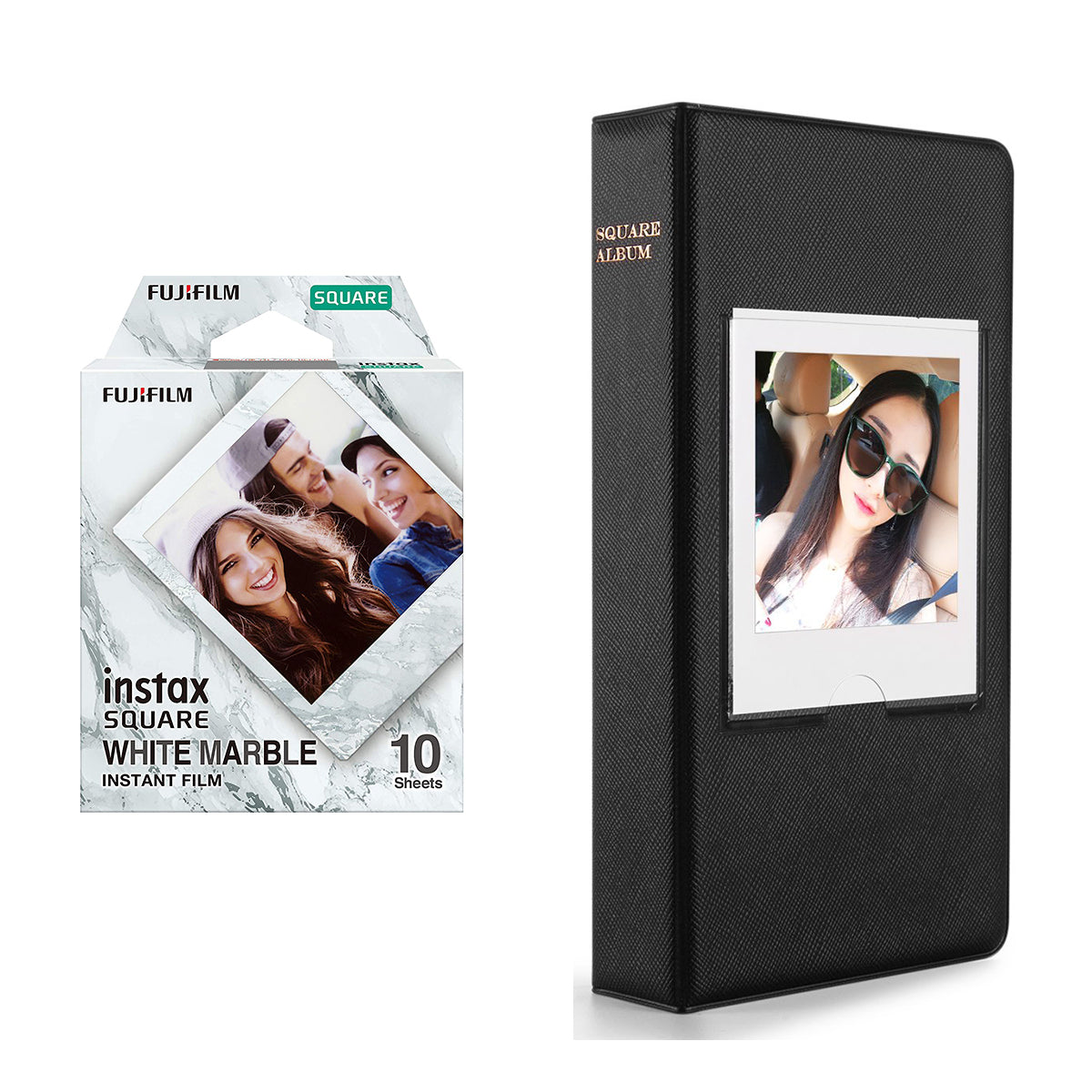 Fujifilm Instax square 10X1 white marble Instant Film With 64 sheet Album for square film (black)