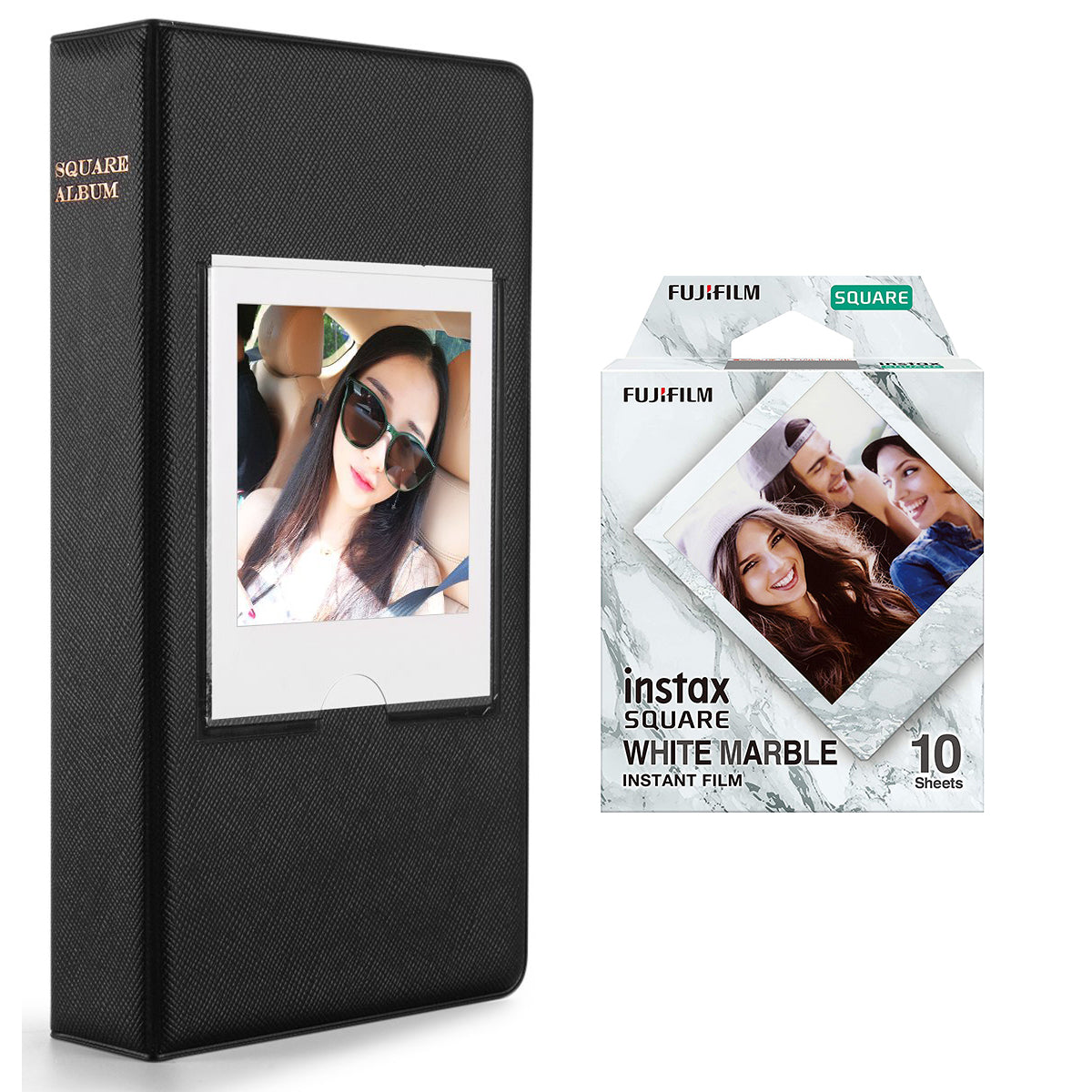 Fujifilm Instax square 10X1 white marble Instant Film With 64 sheet Album for square film (black)