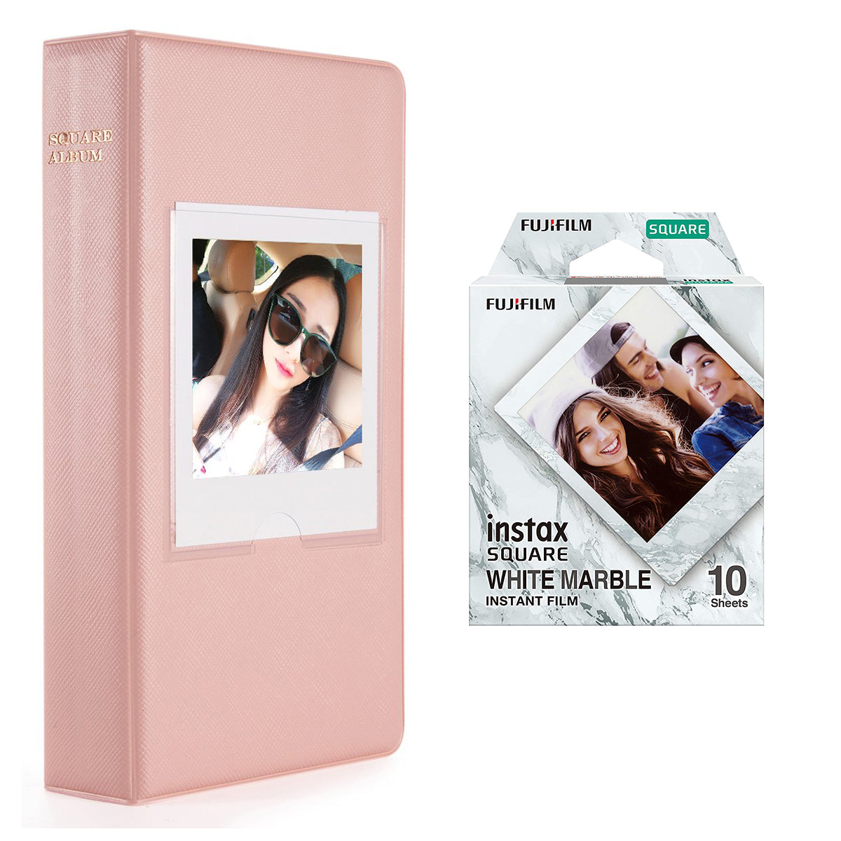 Fujifilm Instax square 10X1 white marble Instant Film With 64 sheet Album for square film (pink)